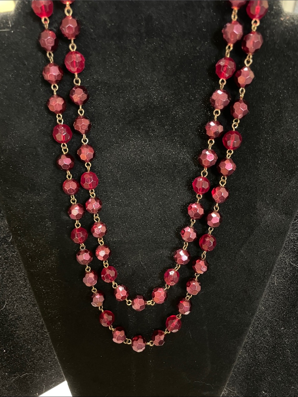 Red Faceted Bead Double Strand Necklace.  M’s